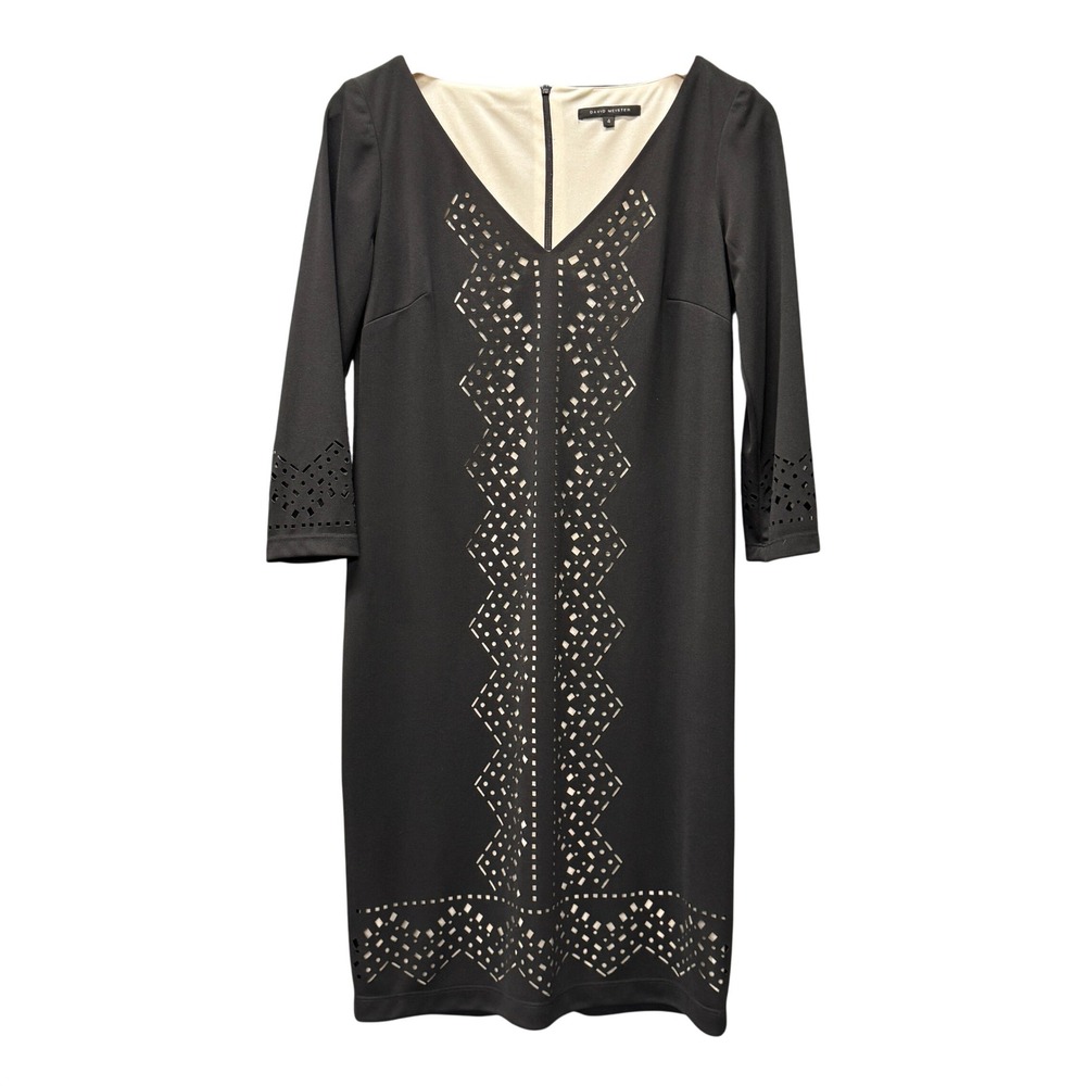 David Meister Dress Womens 4 Black Laser Cut Shift V-Neck Zip Up 3/4 Sleeve